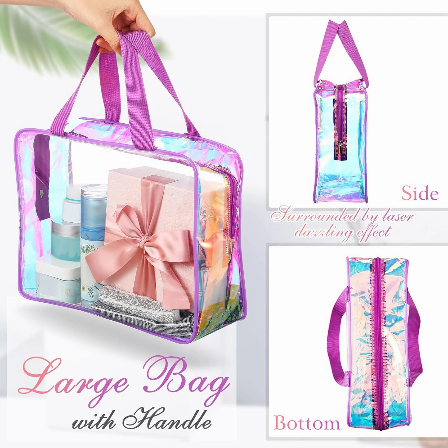Sweetude 10 Pcs Large Clear Toiletry Bag Large Capacity Travel Makeup Bag PVC Clear Plastic Tote Punch Iridescent Cosmetic Clothes Organizer for Women Men(Purple)