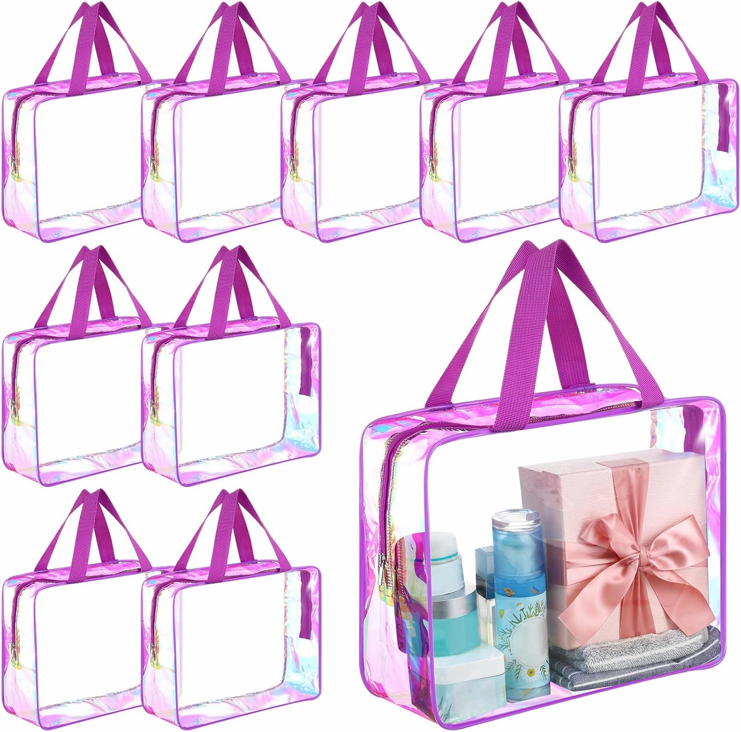 Sweetude 10 Pcs Large Clear Toiletry Bag Large Capacity Travel Makeup Bag PVC Clear Plastic Tote Punch Iridescent Cosmetic Clothes Organizer for Women Men(Purple)