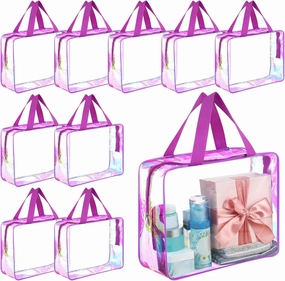 Sweetude 10 Pcs Large Clear Toiletry Bag Large Capacity Travel Makeup Bag PVC Clear Plastic Tote Punch Iridescent Cosmetic Clothes Organizer for Women Men(Purple)