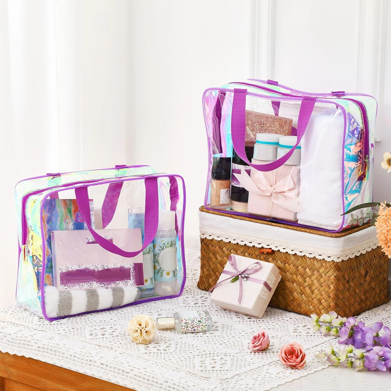 Sweetude 10 Pcs Large Clear Toiletry Bag Large Capacity Travel Makeup Bag PVC Clear Plastic Tote Punch Iridescent Cosmetic Clothes Organizer for Women Men(Purple)