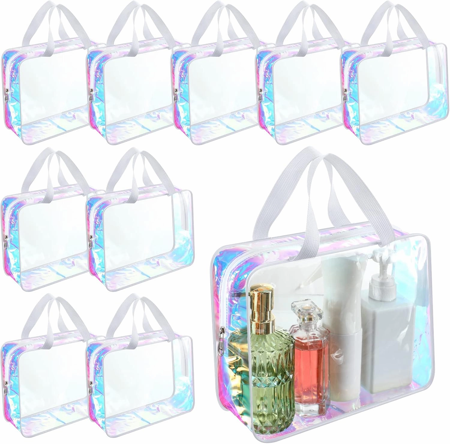 Sweetude 10 Pcs Large Clear Toiletry Bags, Iridescent, Travel Makeup Bag, Cosmetic Clothes Organizer Bag for Women Men, 1.0 Count