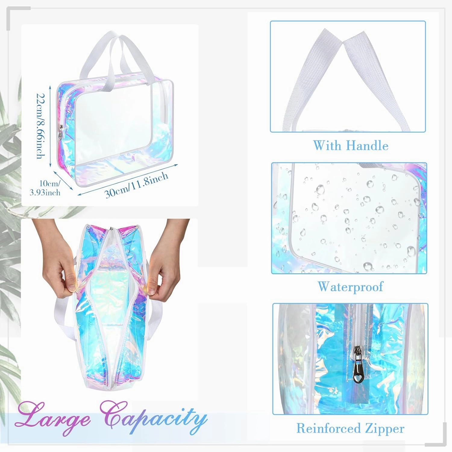 Sweetude 10 Pcs Large Clear Toiletry Bags, Iridescent, Travel Makeup Bag, Cosmetic Clothes Organizer Bag for Women Men, 1.0 Count