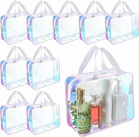 Sweetude 10 Pcs Large Clear Toiletry Bags, Iridescent, Travel Makeup Bag, Cosmetic Clothes Organizer Bag for Women Men, 1.0 Count