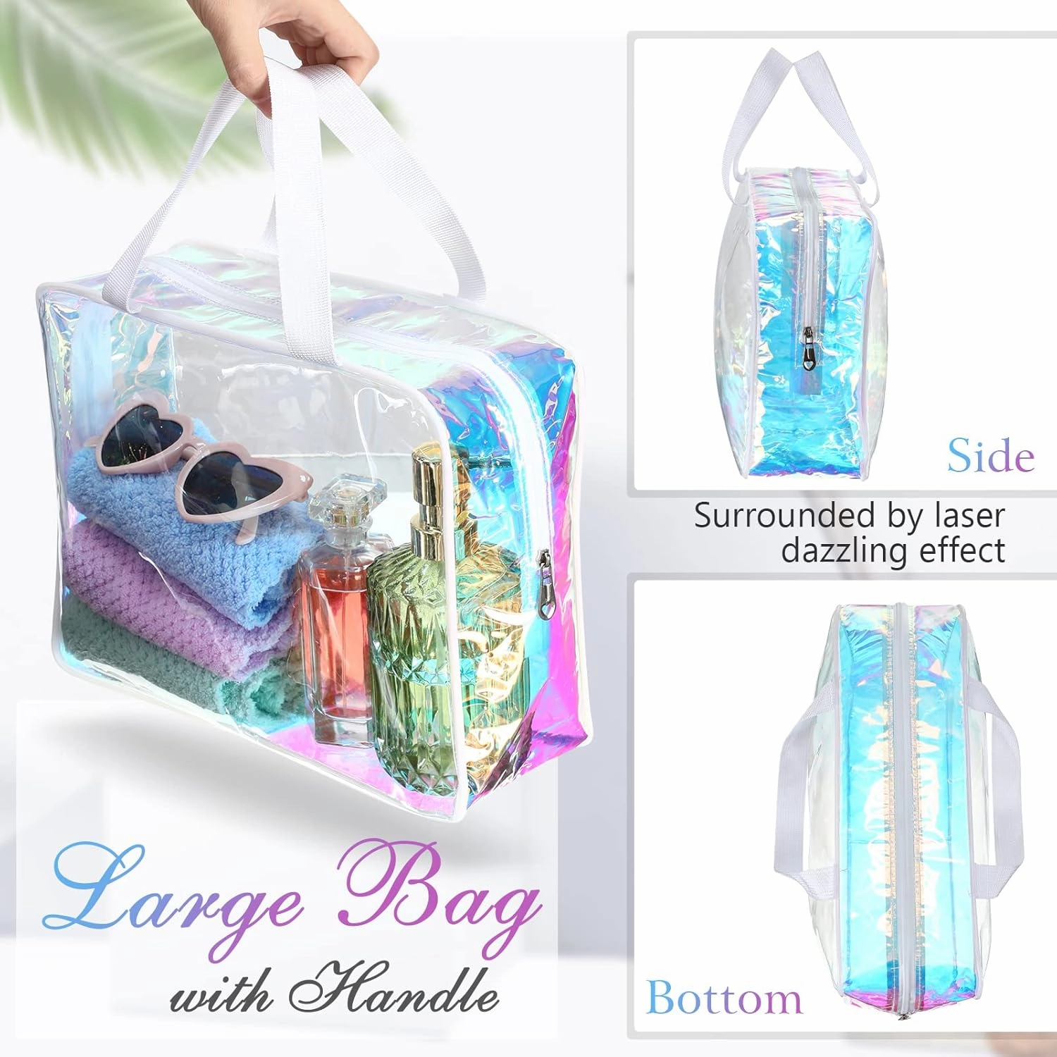 Sweetude 10 Pcs Large Clear Toiletry Bags, Iridescent, Travel Makeup Bag, Cosmetic Clothes Organizer Bag for Women Men, 1.0 Count
