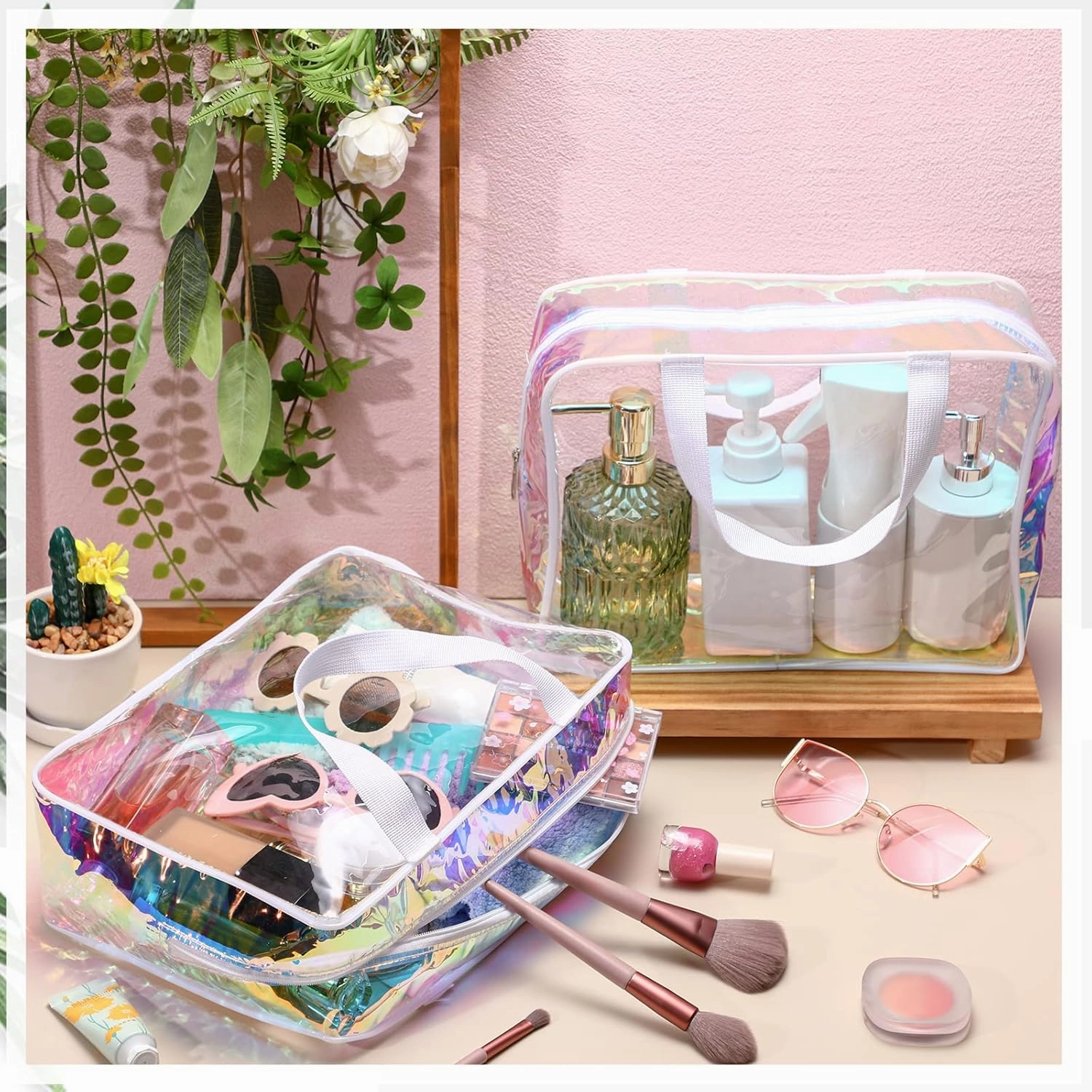 Sweetude 10 Pcs Large Clear Toiletry Bags, Iridescent, Travel Makeup Bag, Cosmetic Clothes Organizer Bag for Women Men, 1.0 Count