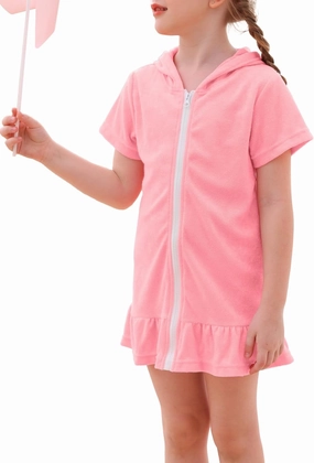 Swim Cover Up Girls Multicolor Short Sleeve Ruffle Bathing Suit Hooded Zip-Up Terry Swimsuit for Toddler Kids