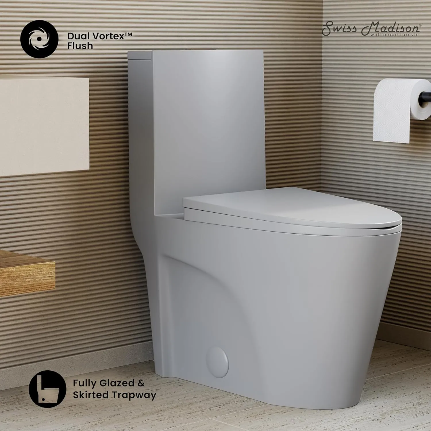Swiss Madison St. Tropez SM-1T254MB One-Piece Elongated Toilet Vortex Dual-Flush 1.1/1.6 gpf with Comfort Chair Seat ADA Height in Matte Gray