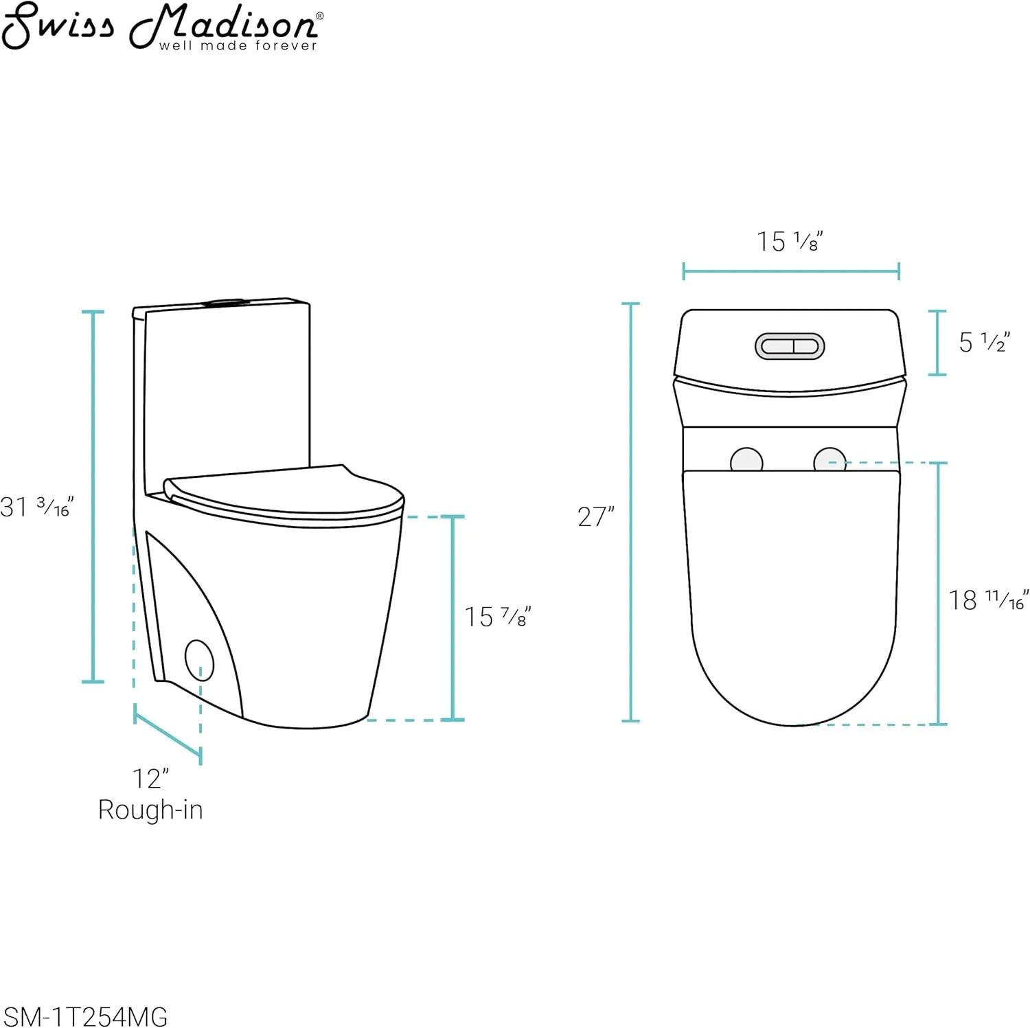 Swiss Madison St. Tropez SM-1T254MB One-Piece Elongated Toilet Vortex Dual-Flush 1.1/1.6 gpf with Comfort Chair Seat ADA Height in Matte Gray