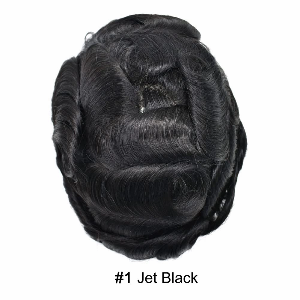 Swiss Lace Toupee Human Hair Bleached Knot Toupee For Men Lace Front Hairpiece Mens Hair Replacement Protesis Capilar Para Hombre 6X8#1 Jet Black 100% Density