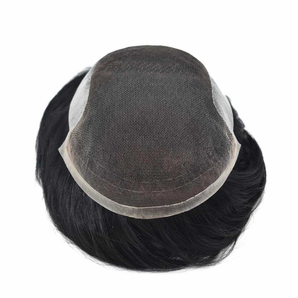 Swiss Lace Toupee Human Hair Bleached Knot Toupee For Men Lace Front Hairpiece Mens Hair Replacement Protesis Capilar Para Hombre 6X8#1 Jet Black 100% Density