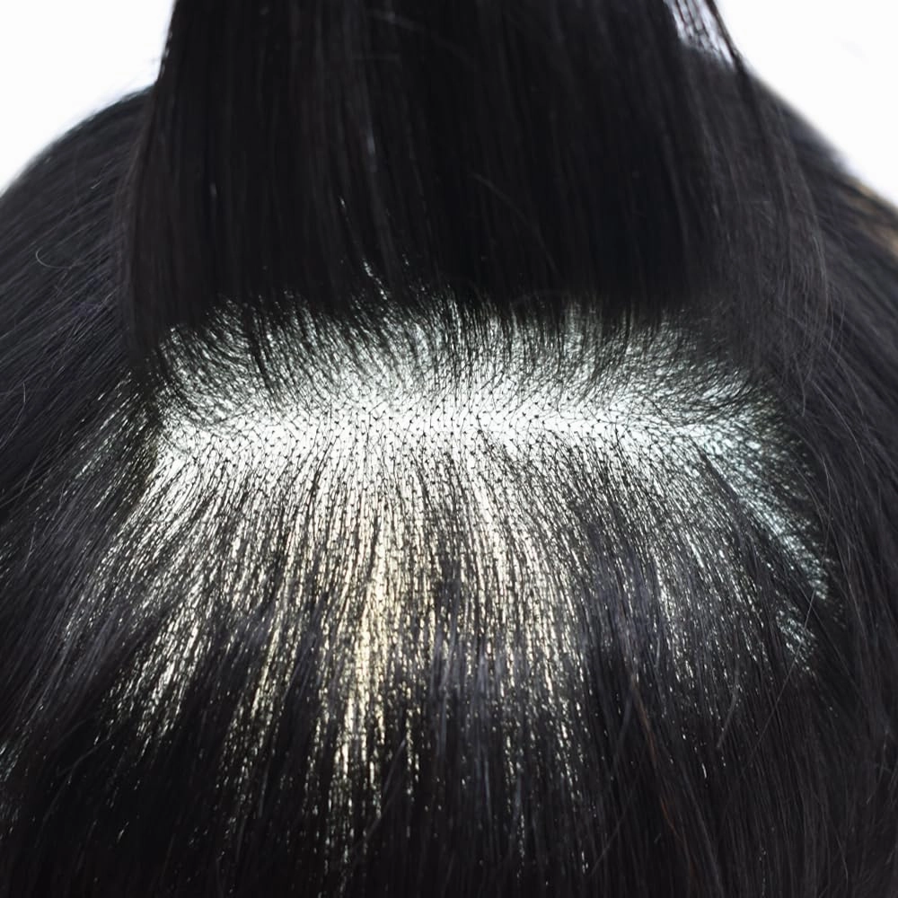 Swiss Lace Toupee Human Hair Bleached Knot Toupee For Men Lace Front Hairpiece Mens Hair Replacement Protesis Capilar Para Hombre 6X8#1 Jet Black 100% Density