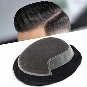 Swiss Lace Toupee Human Hair Bleached Knot Toupee For Men Lace Front Hairpiece Mens Hair Replacement Protesis Capilar Para Hombre 6X8#1 Jet Black 100% Density