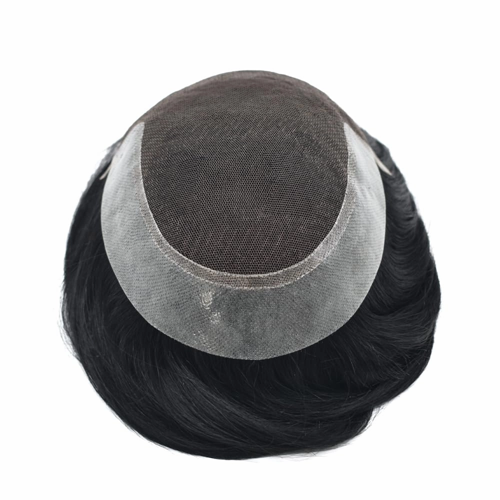 Swiss Lace Toupee Human Hair Bleached Knot Toupee For Men Lace Front Hairpiece Mens Hair Replacement Protesis Capilar Para Hombre 6X8#1 Jet Black 100% Density