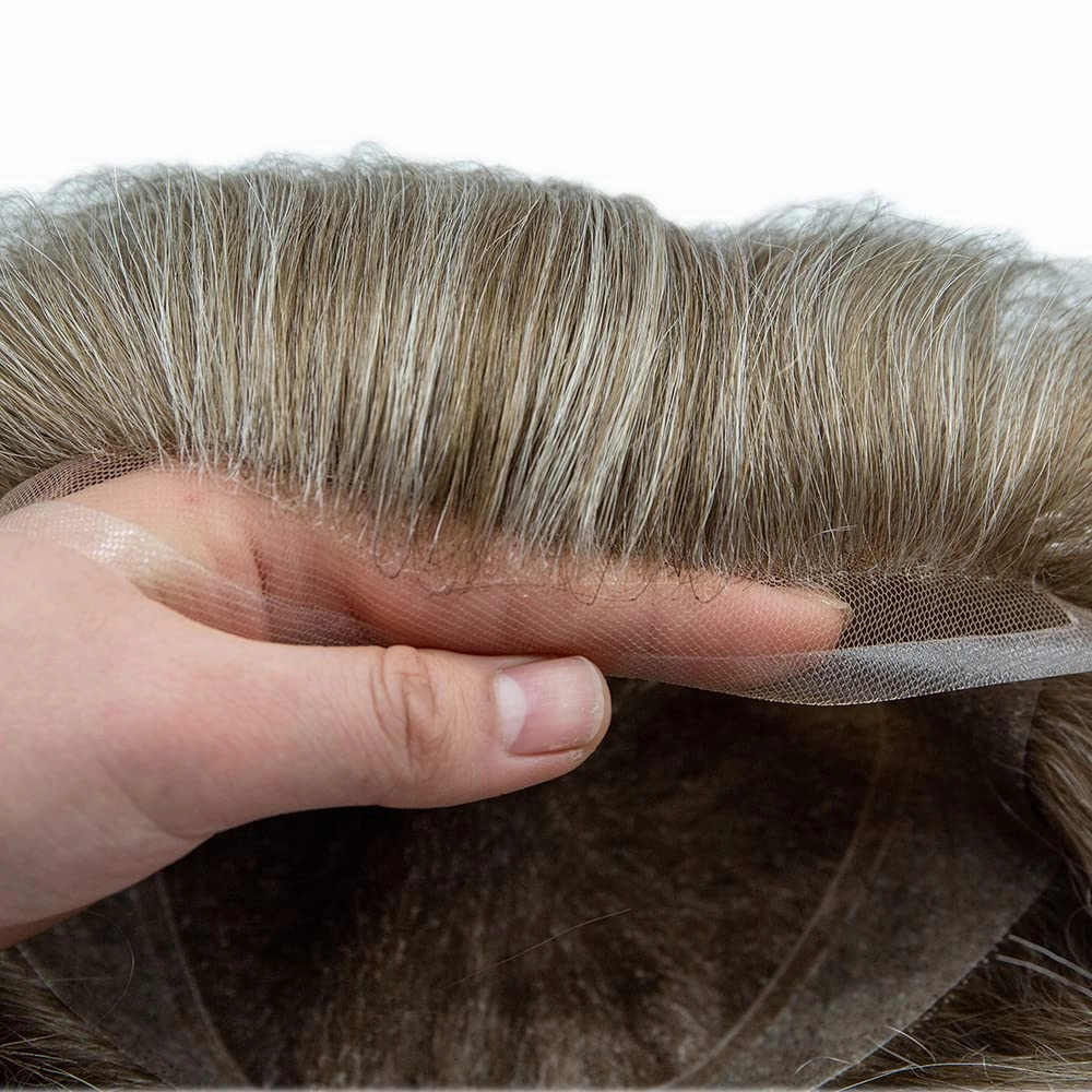 Swiss Lace Toupee Human Hair Bleached Knot Toupee For Men Lace Front Hairpiece Mens Hair Replacement Protesis Capilar Para Hombre 7X9#1710#17 Dark Ash Blonde 10% Grey 100% Density