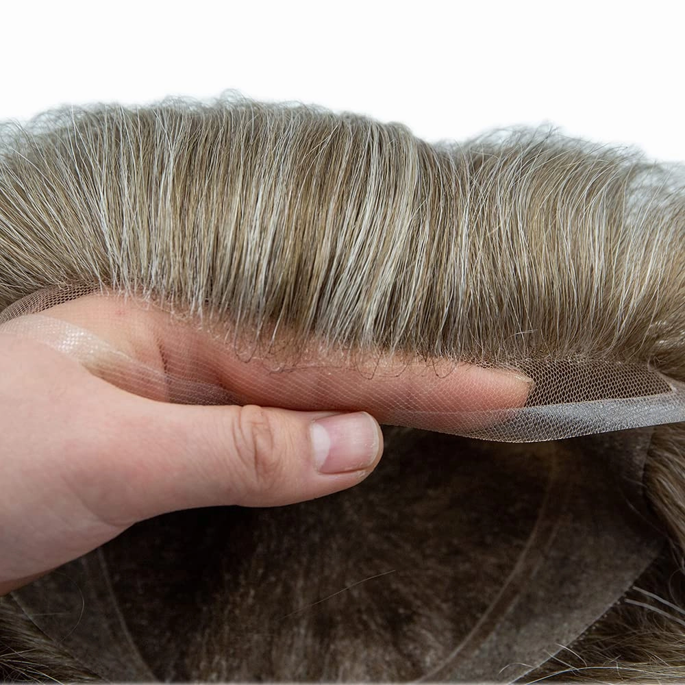 Swiss Lace Toupee Human Hair Bleached Knot Toupee For Men Lace Front Hairpiece Mens Hair Replacement Protesis Capilar Para Hombre 7X9#1720#17 Dark Ash Blonde 20% Grey 100% Density