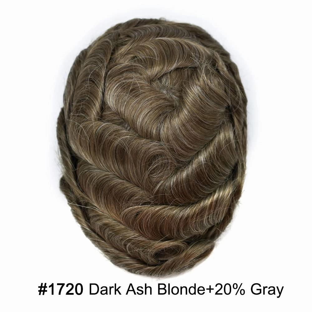Swiss Lace Toupee Human Hair Bleached Knot Toupee For Men Lace Front Hairpiece Mens Hair Replacement Protesis Capilar Para Hombre 7X9#1720#17 Dark Ash Blonde 20% Grey 100% Density