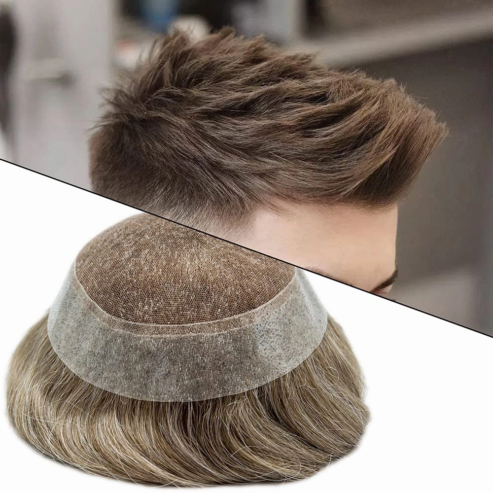 Swiss Lace Toupee Human Hair Bleached Knot Toupee For Men Lace Front Hairpiece Mens Hair Replacement Protesis Capilar Para Hombre 7X9#18 Medium Blonde 100% Density