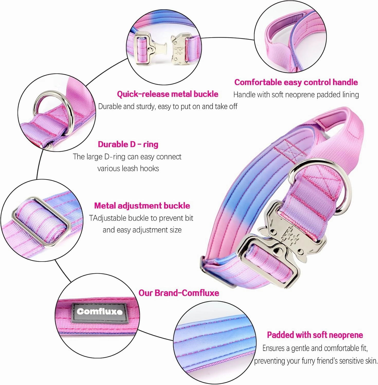 Tactical Dog Collar, Wide Thick Heavy Duty Dog Collar with Handle, Soft Neoprene Padded Military-Grade Nylon Training Collar with Quick Release Metal Buckle for Large Dogs (Pink, L,XL)