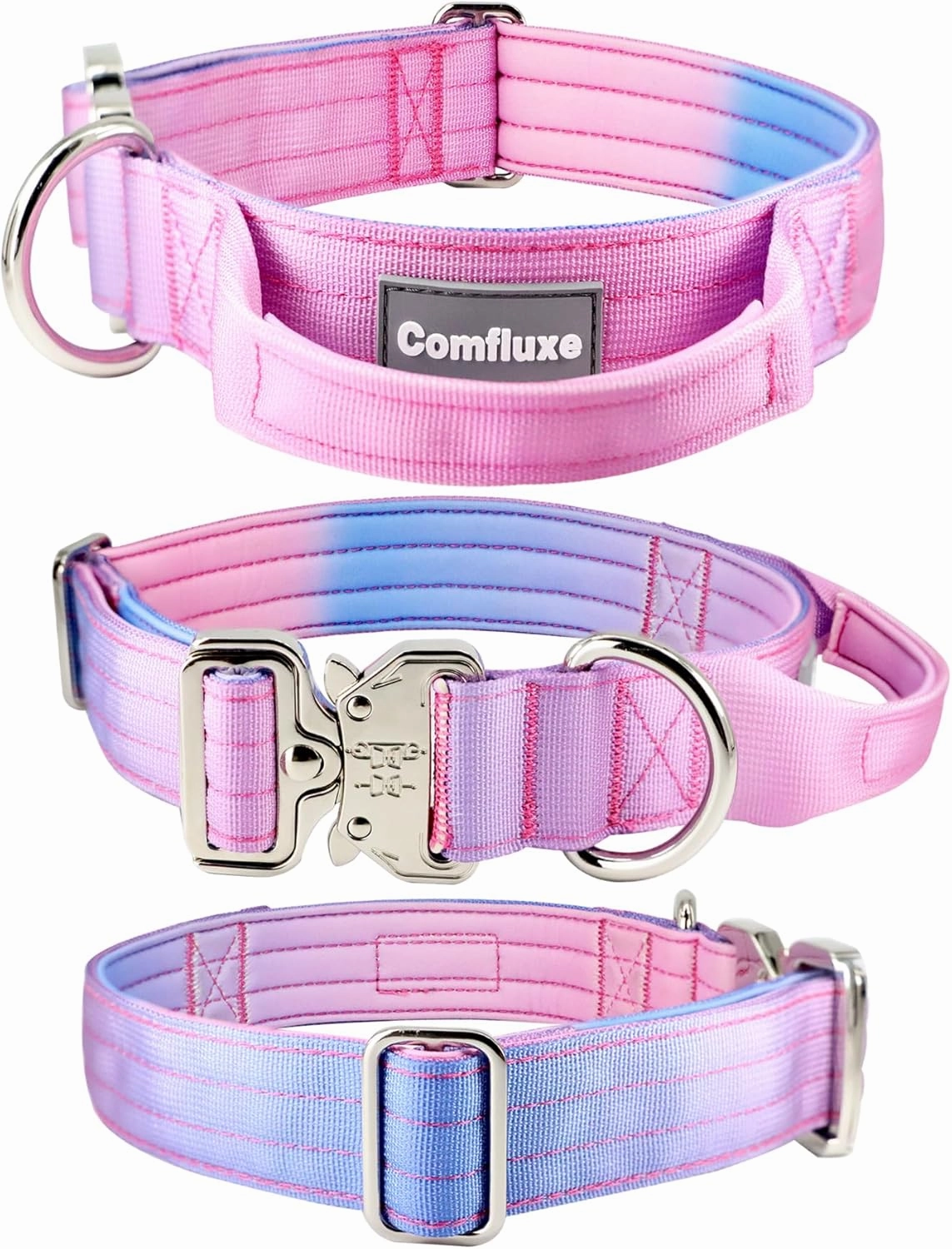 Tactical Dog Collar, Wide Thick Heavy Duty Dog Collar with Handle, Soft Neoprene Padded Military-Grade Nylon Training Collar with Quick Release Metal Buckle for Large Dogs (Pink, L,XL)