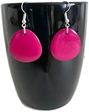 Tagua earrings in fuchsia pink, light weight dangle earrings TAG272, organic tagua nut jewelry in pink
