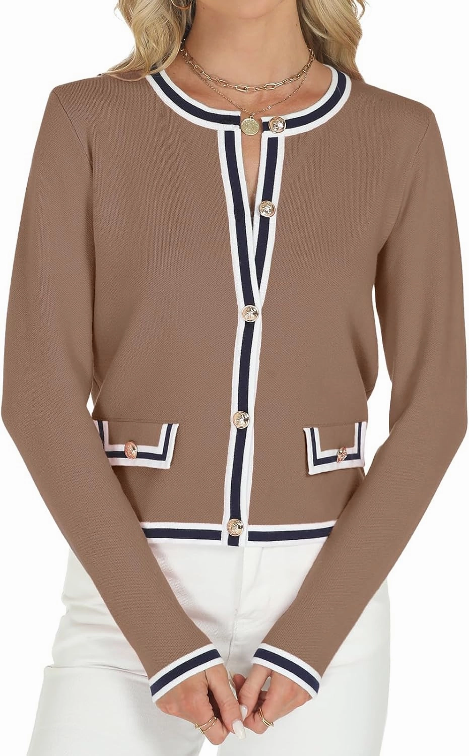Tanou Women's 2025 Fall Crewneck Long Sleeve Casual Button Down Cardigan Sweater Knit Lady Jackets
