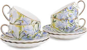 Tea Cup and Saucers, 6.4oz Floral Tea Cups with Gold Trim, Coffee Cappuccino Espresso Latte Mugs for Party Birthday,Christmas Gift (Iris - Blue)
