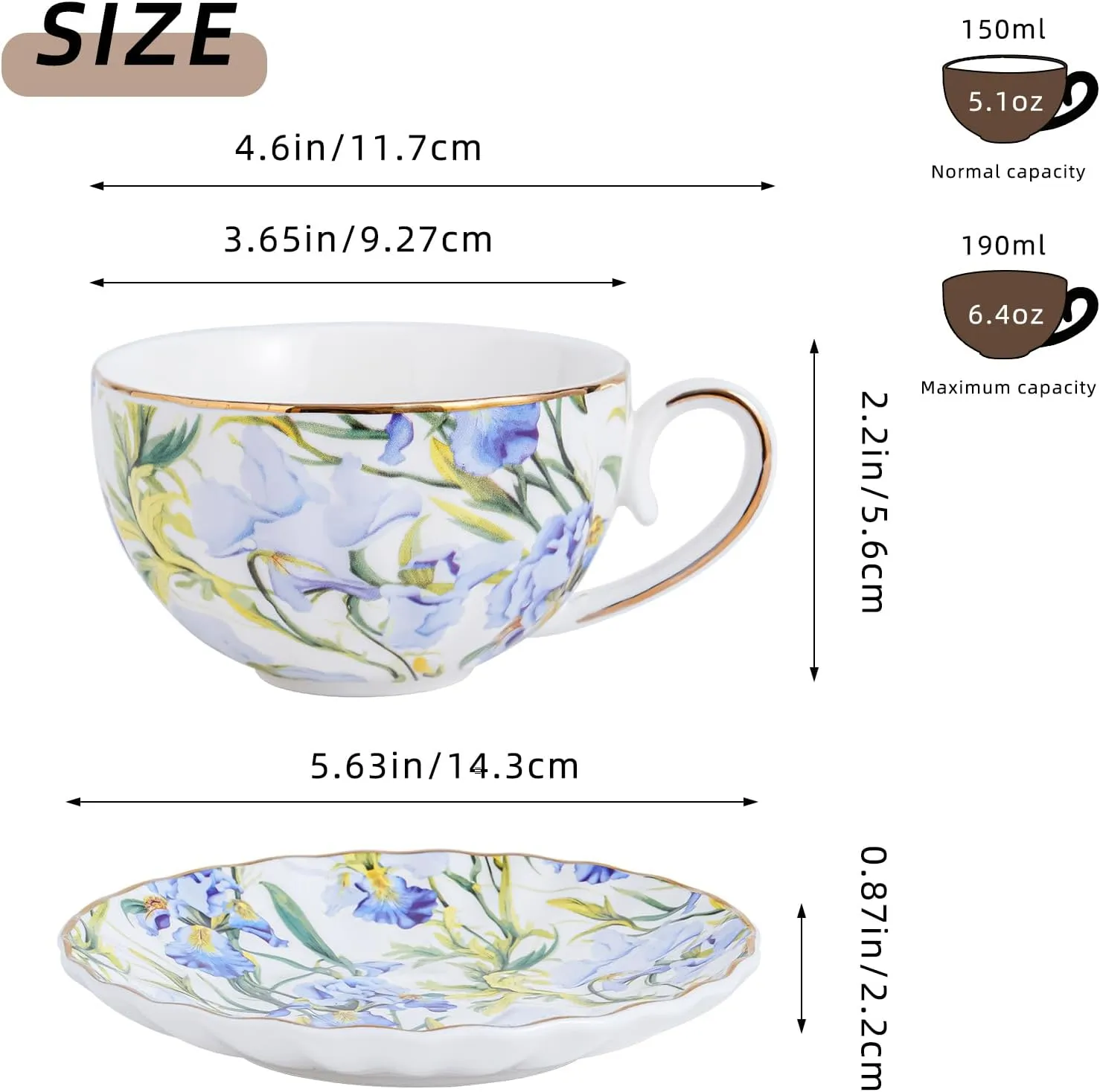 Tea Cup and Saucers, 6.4oz Floral Tea Cups with Gold Trim, Coffee Cappuccino Espresso Latte Mugs for Party Birthday,Christmas Gift (Iris - Blue)