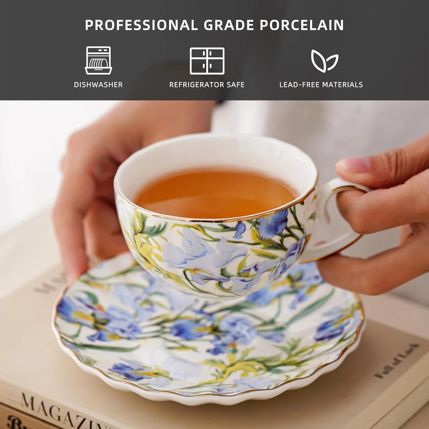 Tea Cup and Saucers, 6.4oz Floral Tea Cups with Gold Trim, Coffee Cappuccino Espresso Latte Mugs for Party Birthday,Christmas Gift (Iris - Blue)