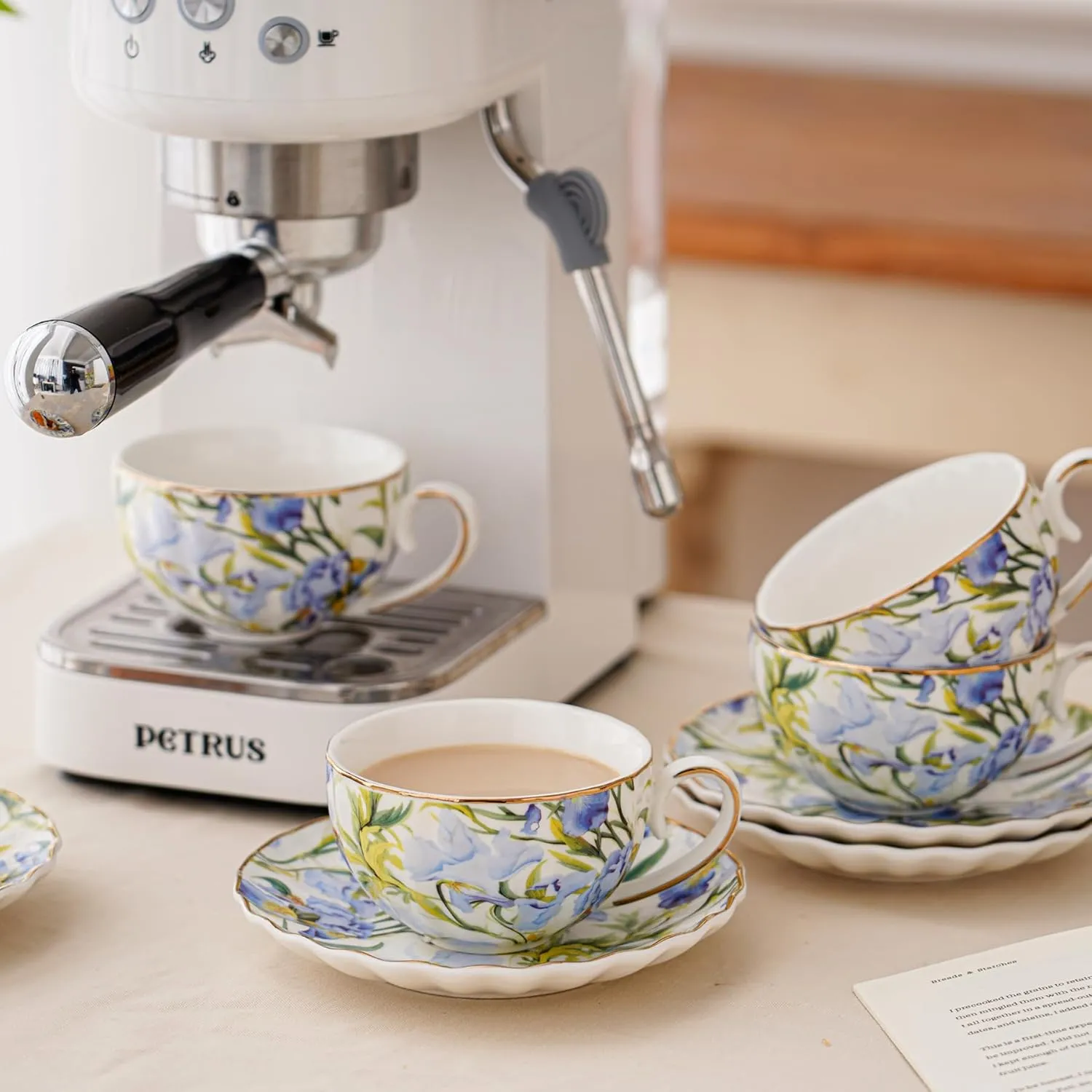 Tea Cup and Saucers, 6.4oz Floral Tea Cups with Gold Trim, Coffee Cappuccino Espresso Latte Mugs for Party Birthday,Christmas Gift (Iris - Blue)