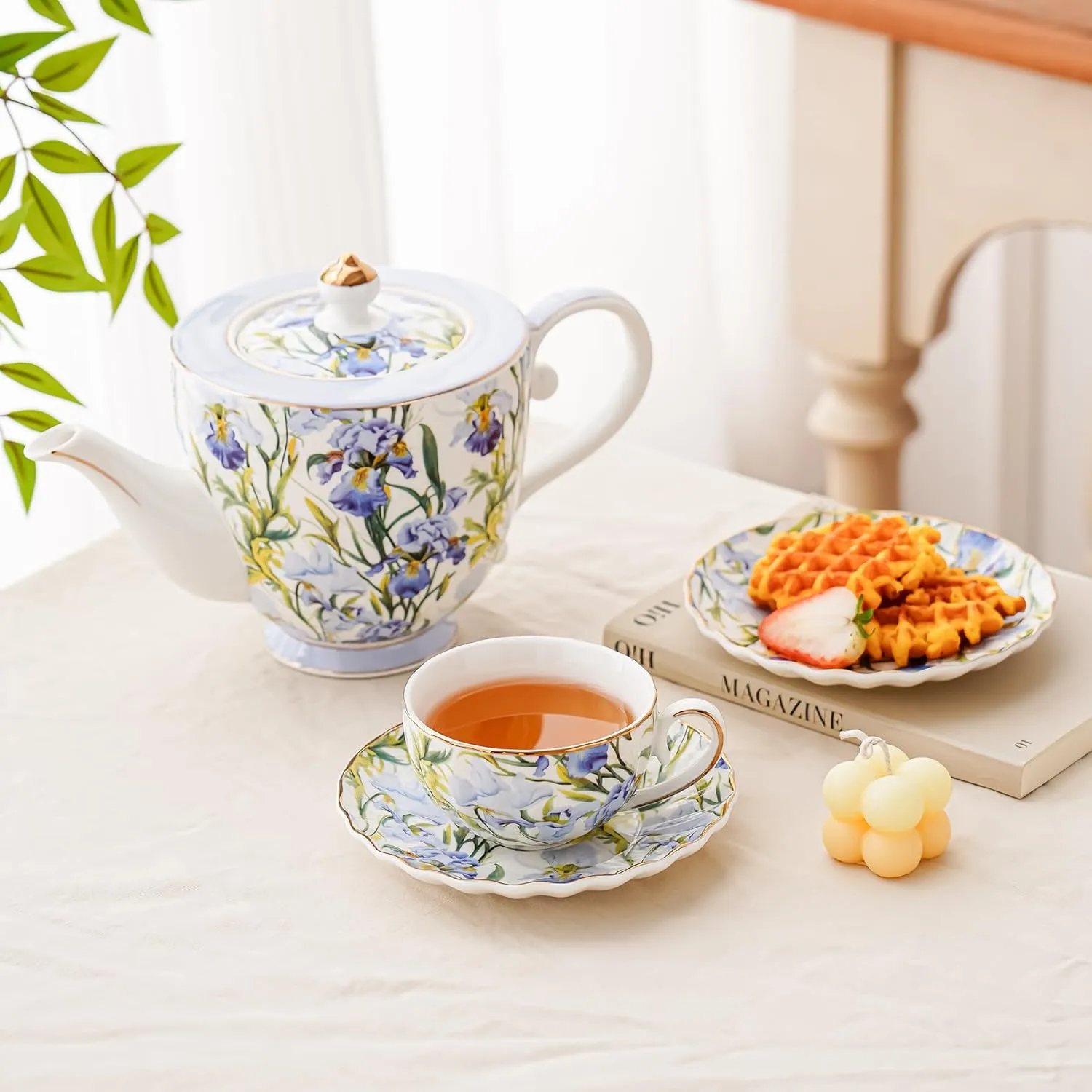 Tea Cup and Saucers, 6.4oz Floral Tea Cups with Gold Trim, Coffee Cappuccino Espresso Latte Mugs for Party Birthday,Christmas Gift (Iris - Blue)