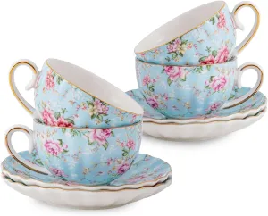 Tea Cup and Saucers, 6.4oz Floral Tea Cups with Gold Trim, Porcelain Bone China Teacup, Coffee Cappuccino Espresso Latte Mugs for Party Birthday,Party Cafe Home, Christmas Gift (Blue)