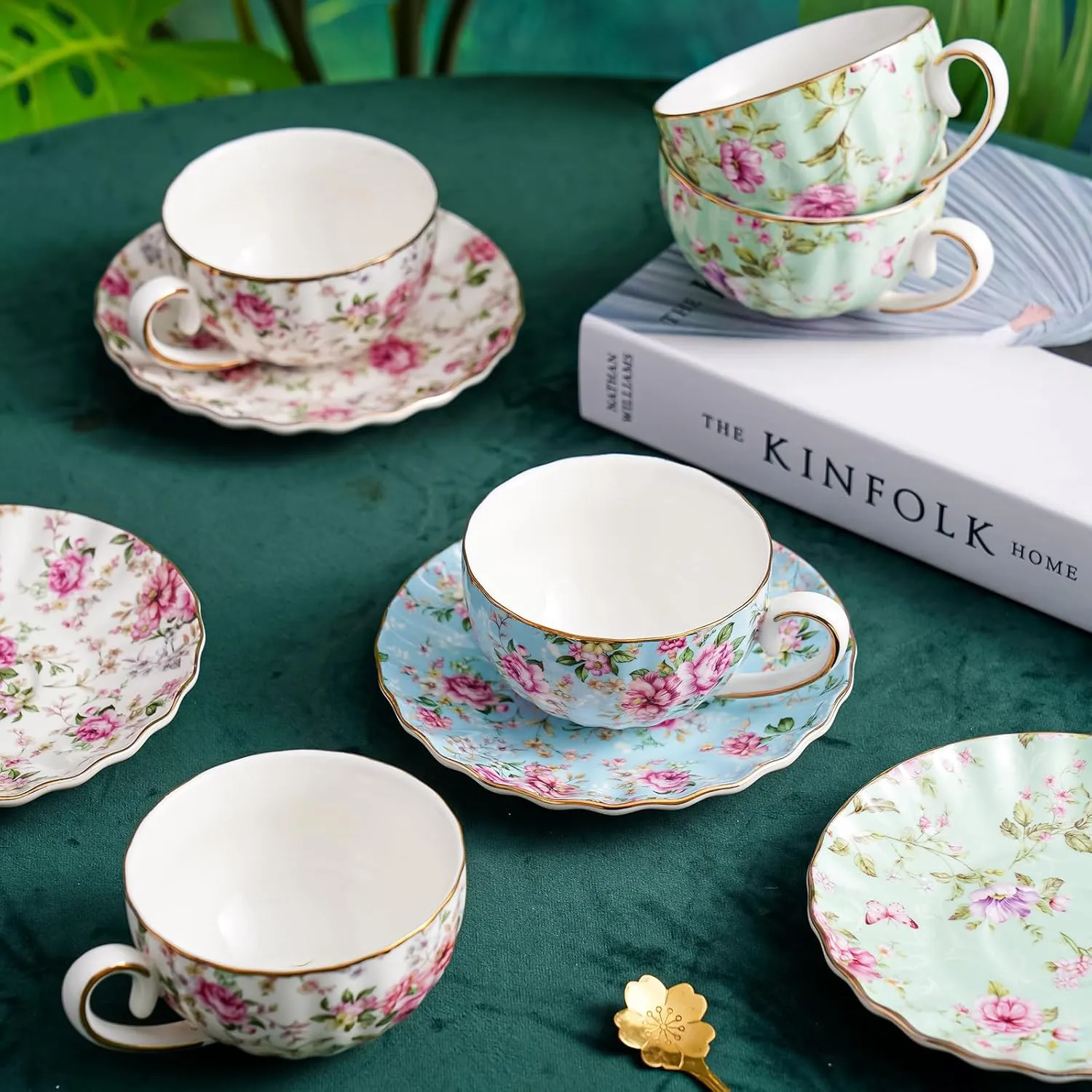 Tea Cup and Saucers, 6.4oz Floral Tea Cups with Gold Trim, Porcelain Bone China Teacup, Coffee Cappuccino Espresso Latte Mugs for Party Birthday,Party Cafe Home, Christmas Gift (Blue)