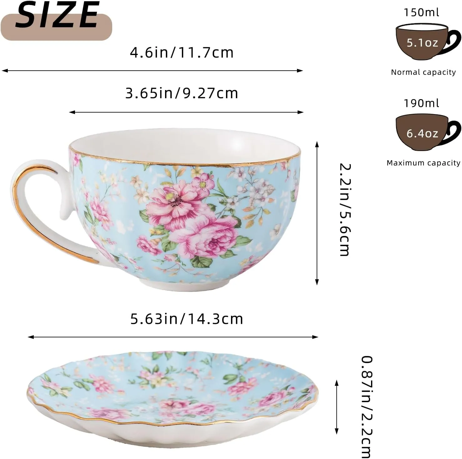 Tea Cup and Saucers, 6.4oz Floral Tea Cups with Gold Trim, Porcelain Bone China Teacup, Coffee Cappuccino Espresso Latte Mugs for Party Birthday,Party Cafe Home, Christmas Gift (Blue)
