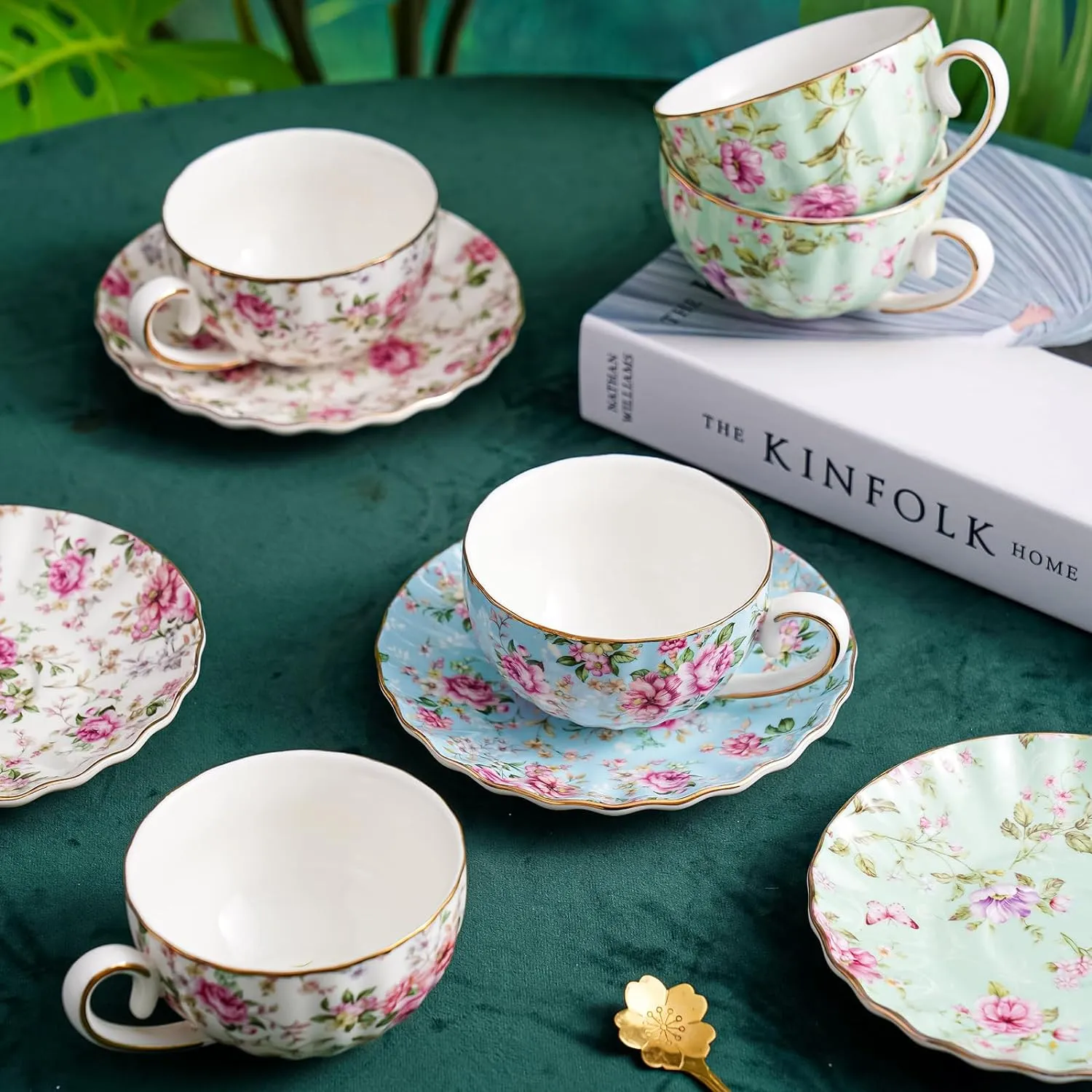 Tea Cup and Saucers, 6.4oz Floral Tea Cups with Gold Trim, Porcelain Bone China Teacup, Coffee Cappuccino Espresso Latte Mugs for Party Birthday,Party Cafe Home, Christmas Gift (Green)