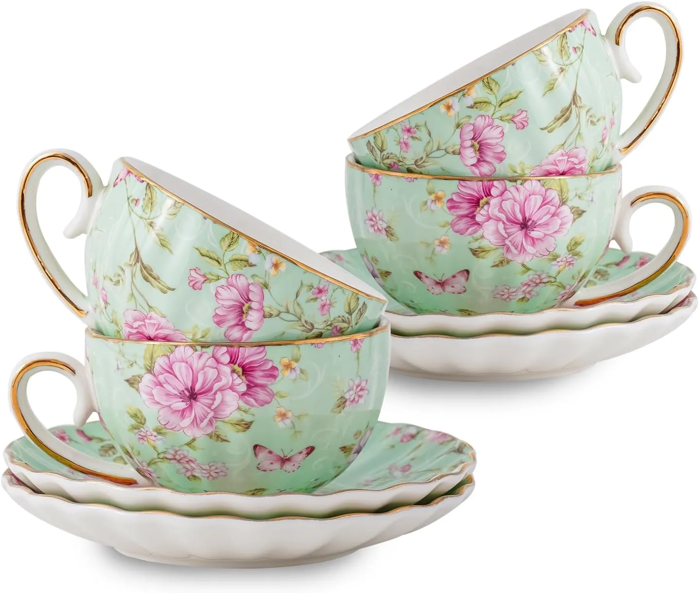 Tea Cup and Saucers, 6.4oz Floral Tea Cups with Gold Trim, Porcelain Bone China Teacup, Coffee Cappuccino Espresso Latte Mugs for Party Birthday,Party Cafe Home, Christmas Gift (Green)