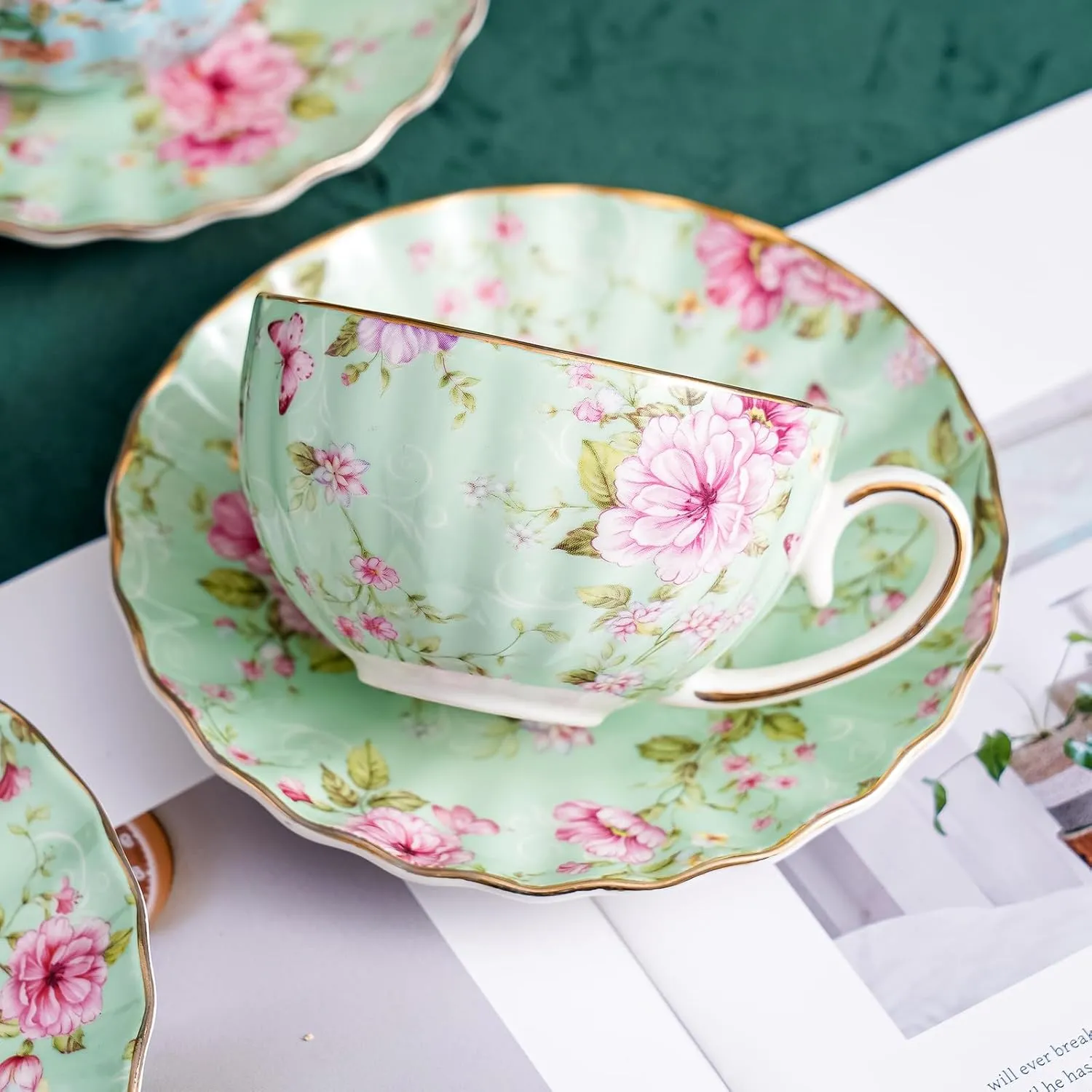 Tea Cup and Saucers, 6.4oz Floral Tea Cups with Gold Trim, Porcelain Bone China Teacup, Coffee Cappuccino Espresso Latte Mugs for Party Birthday,Party Cafe Home, Christmas Gift (Green)