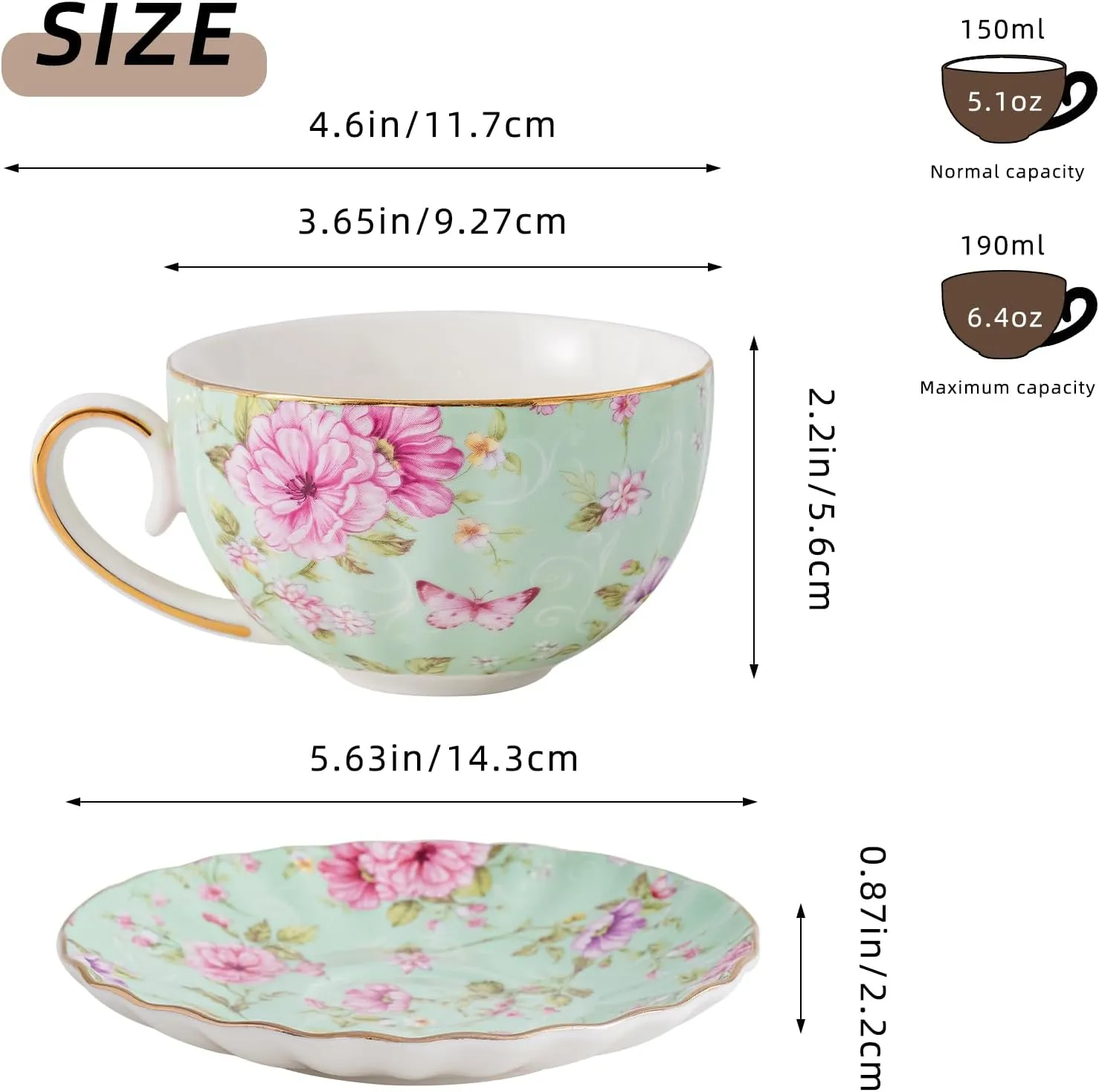 Tea Cup and Saucers, 6.4oz Floral Tea Cups with Gold Trim, Porcelain Bone China Teacup, Coffee Cappuccino Espresso Latte Mugs for Party Birthday,Party Cafe Home, Christmas Gift (Green)