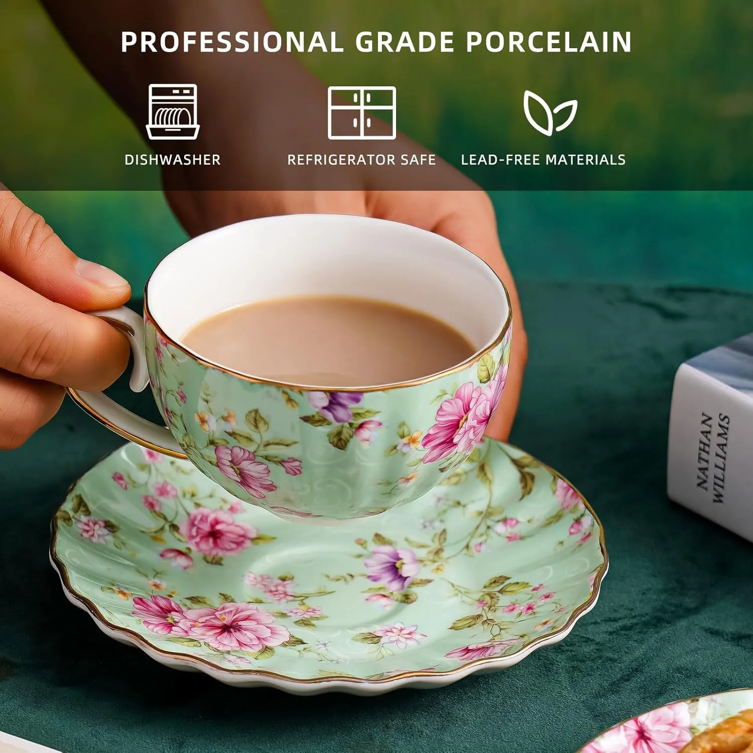 Tea Cup and Saucers, 6.4oz Floral Tea Cups with Gold Trim, Porcelain Bone China Teacup, Coffee Cappuccino Espresso Latte Mugs for Party Birthday,Party Cafe Home, Christmas Gift (Green)