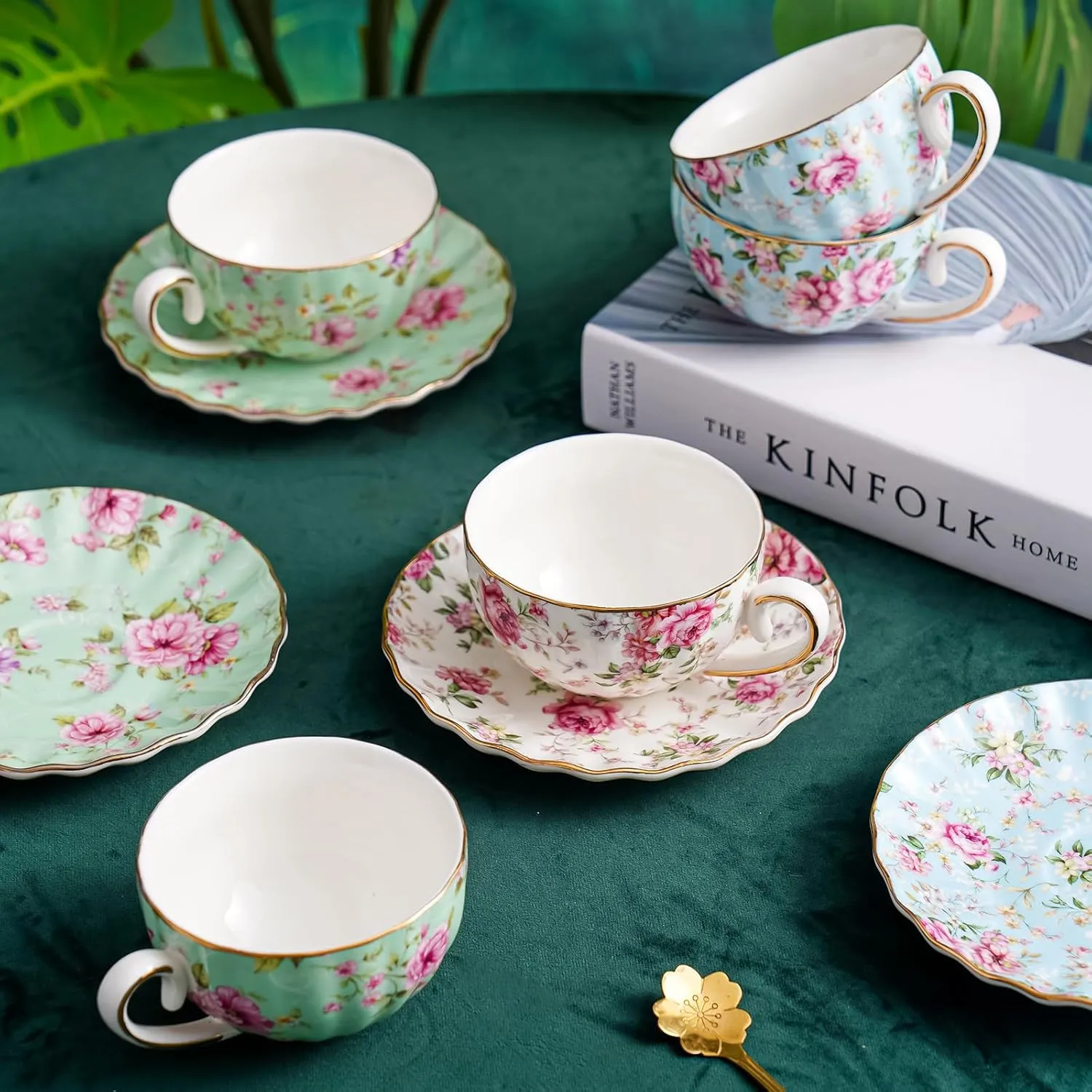 Tea Cup and Saucers, 6.4oz Floral Tea Cups with Gold Trim, Porcelain Bone China Teacup, Coffee Cappuccino Espresso Latte Mugs for Party Birthday,Party Cafe Home, Christmas Gift (White)