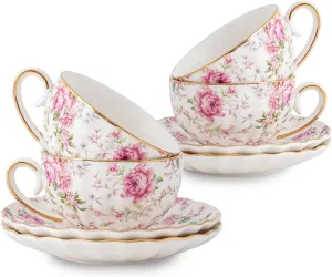 Tea Cup and Saucers, 6.4oz Floral Tea Cups with Gold Trim, Porcelain Bone China Teacup, Coffee Cappuccino Espresso Latte Mugs for Party Birthday,Party Cafe Home, Christmas Gift (White)