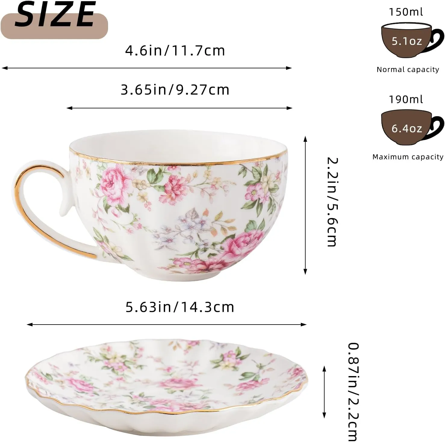 Tea Cup and Saucers, 6.4oz Floral Tea Cups with Gold Trim, Porcelain Bone China Teacup, Coffee Cappuccino Espresso Latte Mugs for Party Birthday,Party Cafe Home, Christmas Gift (White)
