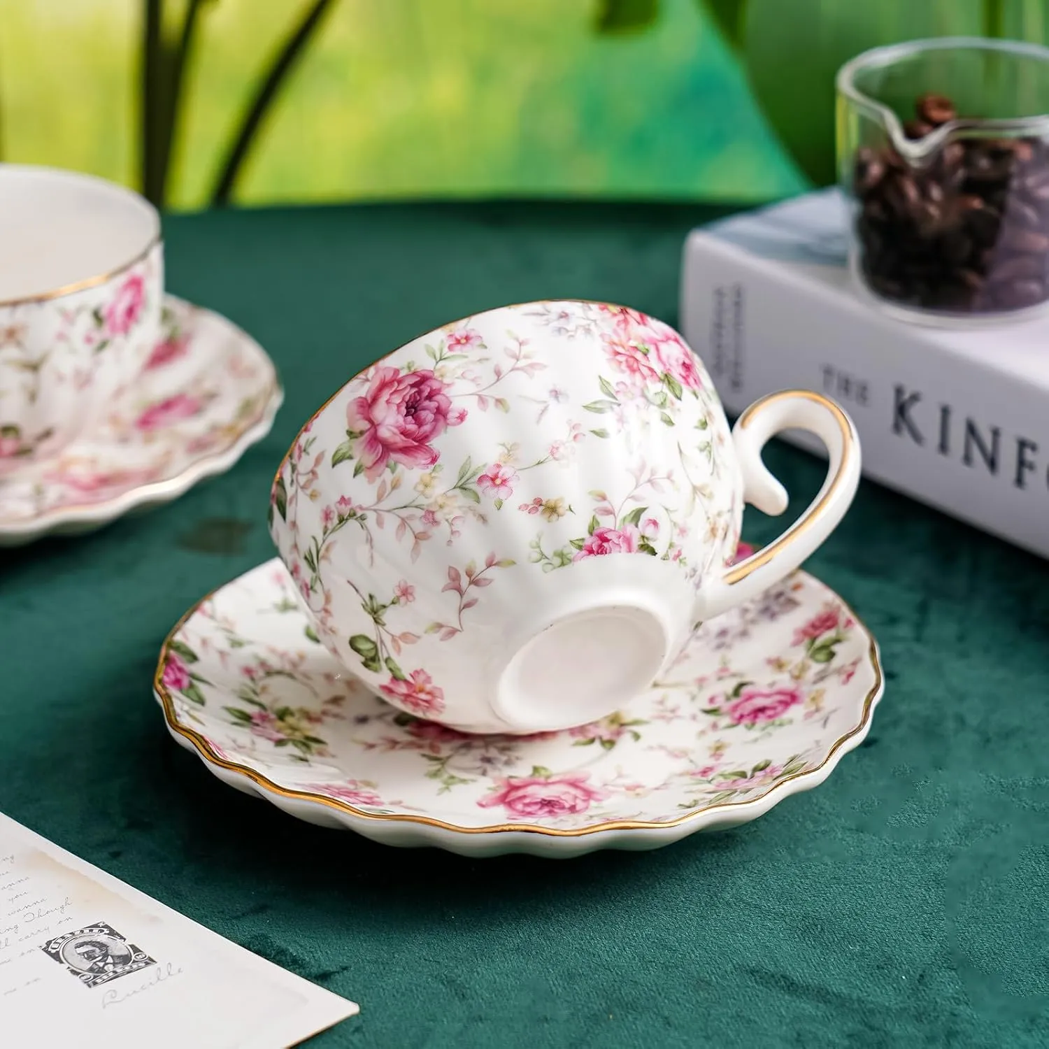 Tea Cup and Saucers, 6.4oz Floral Tea Cups with Gold Trim, Porcelain Bone China Teacup, Coffee Cappuccino Espresso Latte Mugs for Party Birthday,Party Cafe Home, Christmas Gift (White)