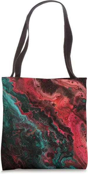 Teal and Red Abstract Pour Style Nebula Graphic Tote Bag