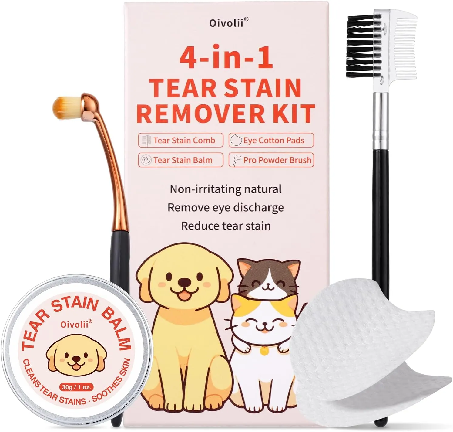 Tear Stain Remover Kit for Dogs & Cats with Tear Stain Comb, Tear Stain Balm, Eye Cotton Pads, Pro Powder Brush Gently Remove Tear Stain, Eye Debris, Discharge, Mucus Secretions