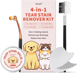 Tear Stain Remover Kit for Dogs & Cats with Tear Stain Comb, Tear Stain Balm, Eye Cotton Pads, Pro Powder Brush Gently Remove Tear Stain, Eye Debris, Discharge, Mucus Secretions