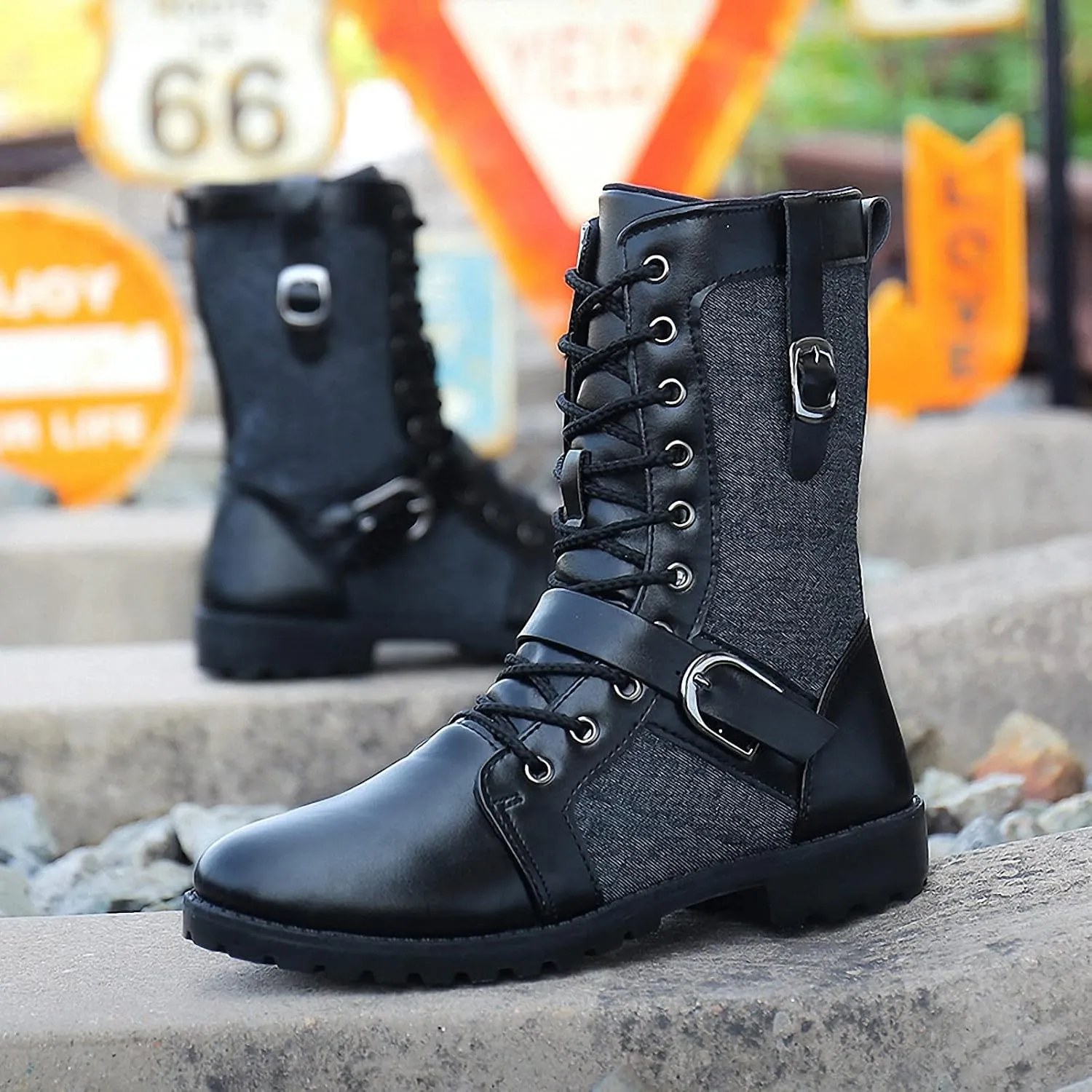 Tebapi Mens Leather Motorcycle Mid-Calf Boots Backpacking Military Tactical Riding Retro Punk Rock Shoes Lace-up Buckle Army Hunting Walking Boot