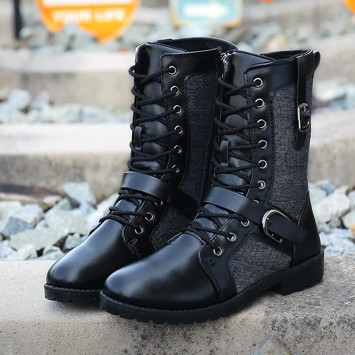 Tebapi Mens Leather Motorcycle Mid-Calf Boots Backpacking Military Tactical Riding Retro Punk Rock Shoes Lace-up Buckle Army Hunting Walking Boot