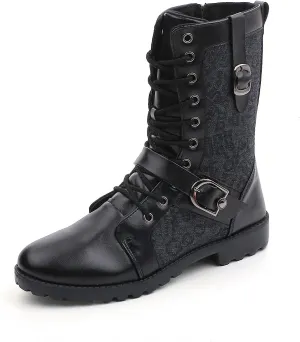 Tebapi Mens Leather Motorcycle Mid-Calf Boots Backpacking Military Tactical Riding Retro Punk Rock Shoes Lace-up Buckle Army Hunting Walking Boot