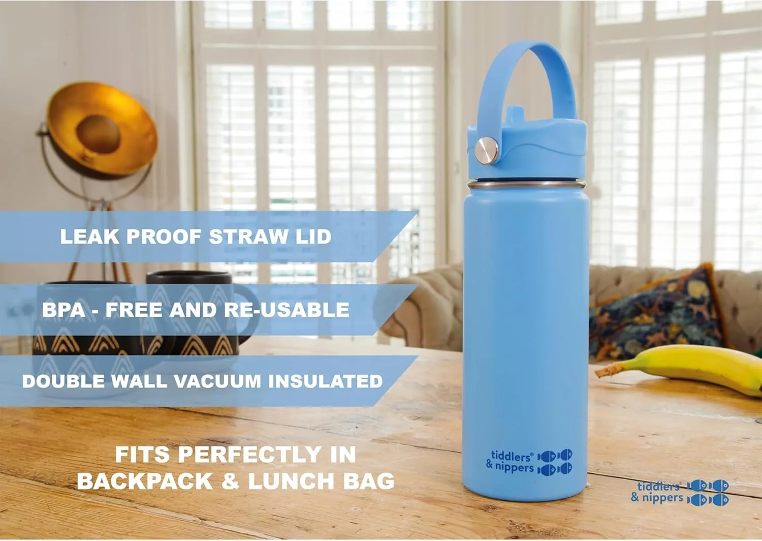 tiddlers & nippers 18oz Stainless Steel Vacuum Insulated Double Wall Kids Reusable Water Bottle with Leak Proof Straw 500ml | Keeps Cool for 24hrs & Warm for 10hrs   (Plain Blue)