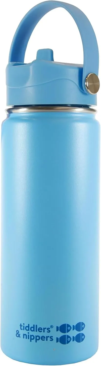 tiddlers & nippers 18oz Stainless Steel Vacuum Insulated Double Wall Kids Reusable Water Bottle with Leak Proof Straw 500ml | Keeps Cool for 24hrs & Warm for 10hrs   (Plain Blue)